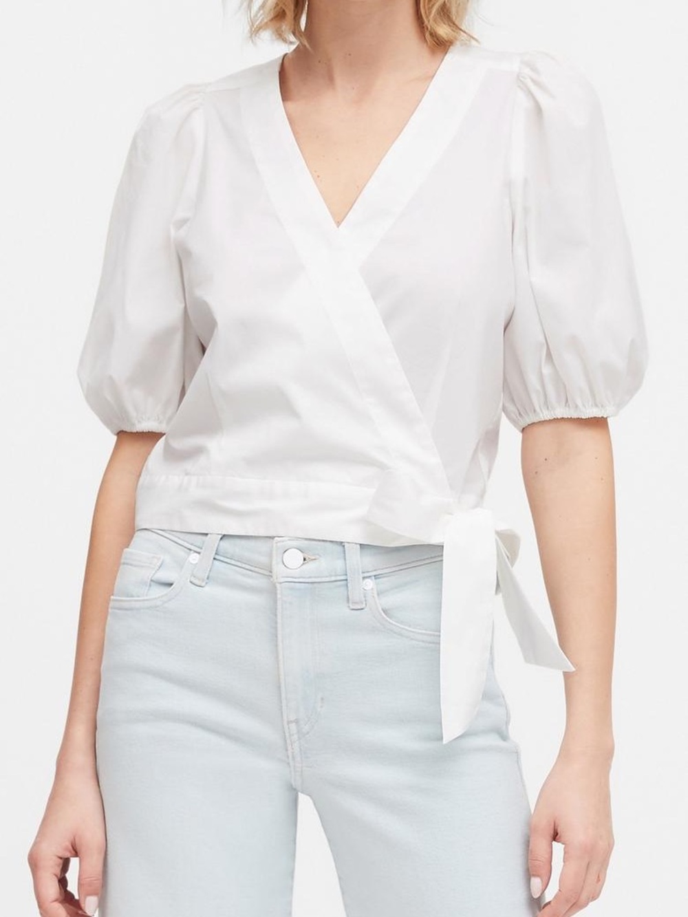 Banana Republic White Wrap Tie Puff-Sleeve Top